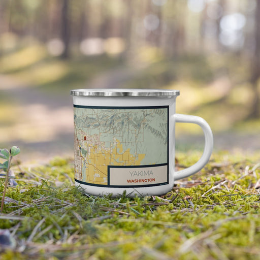 Right View Custom Yakima Washington Map Enamel Mug in Woodblock on Grass With Trees in Background