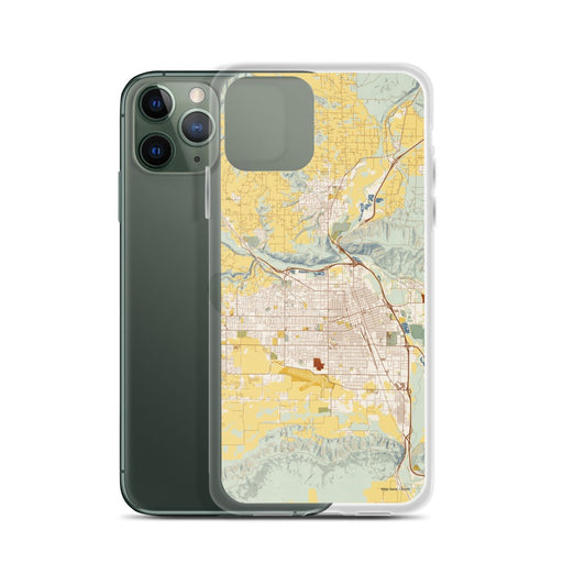 Custom Yakima Washington Map Phone Case in Woodblock on Table with Laptop and Plant
