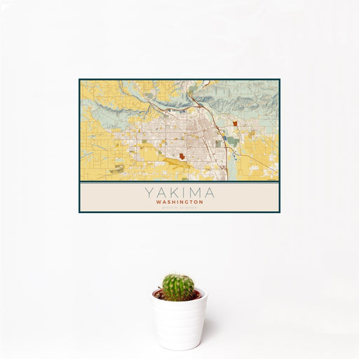 12x18 Yakima Washington Map Print Landscape Orientation in Woodblock Style With Small Cactus Plant in White Planter