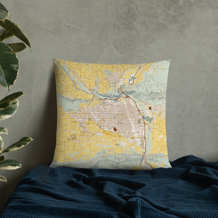 Custom Yakima Washington Map Throw Pillow in Woodblock on Bedding Against Wall