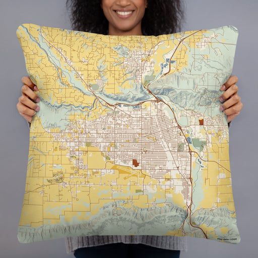 Person holding 22x22 Custom Yakima Washington Map Throw Pillow in Woodblock