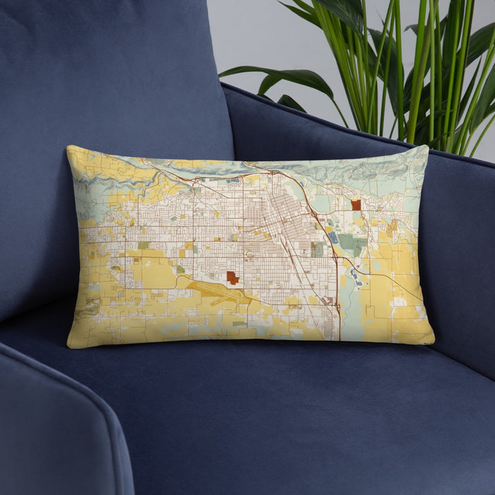 Custom Yakima Washington Map Throw Pillow in Woodblock on Blue Colored Chair