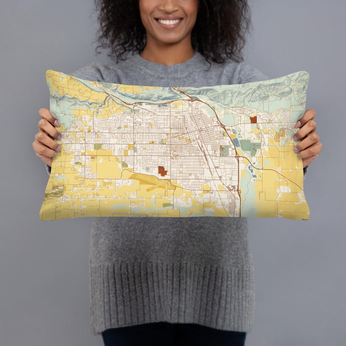 Person holding 20x12 Custom Yakima Washington Map Throw Pillow in Woodblock