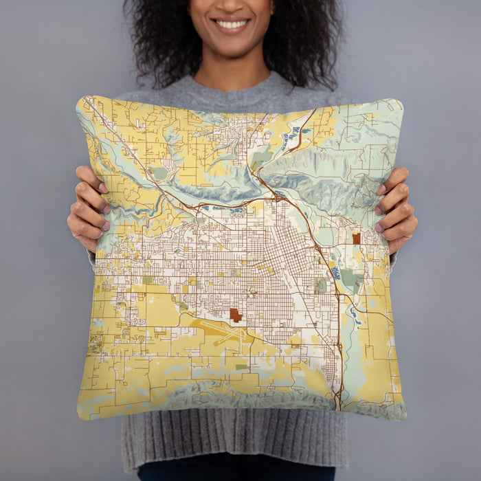 Person holding 18x18 Custom Yakima Washington Map Throw Pillow in Woodblock