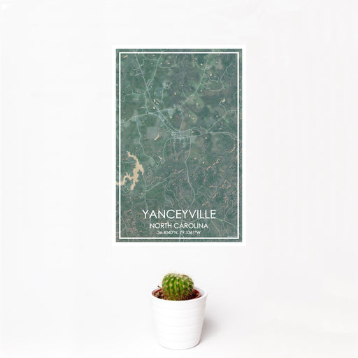 12x18 Yanceyville North Carolina Map Print Portrait Orientation in Afternoon Style With Small Cactus Plant in White Planter