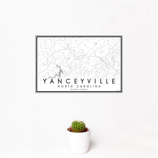 12x18 Yanceyville North Carolina Map Print Landscape Orientation in Classic Style With Small Cactus Plant in White Planter