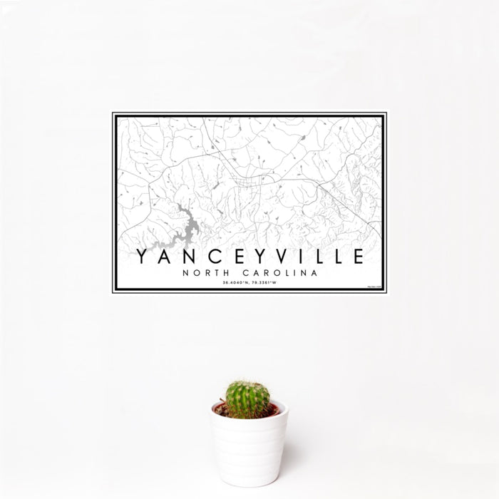 12x18 Yanceyville North Carolina Map Print Landscape Orientation in Classic Style With Small Cactus Plant in White Planter