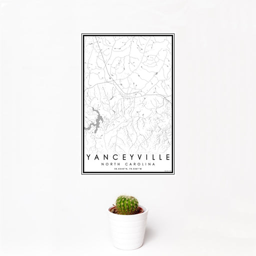 12x18 Yanceyville North Carolina Map Print Portrait Orientation in Classic Style With Small Cactus Plant in White Planter