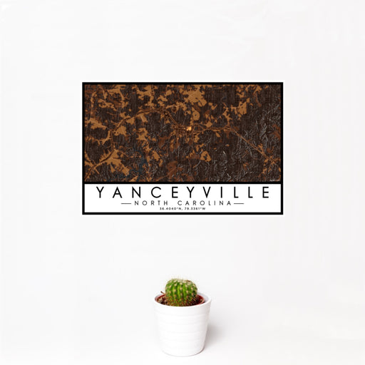 12x18 Yanceyville North Carolina Map Print Landscape Orientation in Ember Style With Small Cactus Plant in White Planter