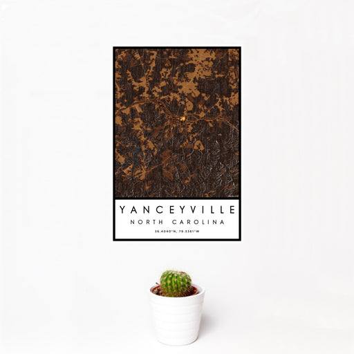 12x18 Yanceyville North Carolina Map Print Portrait Orientation in Ember Style With Small Cactus Plant in White Planter
