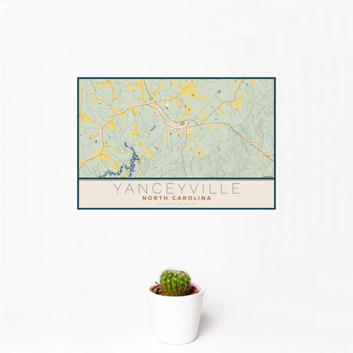 12x18 Yanceyville North Carolina Map Print Landscape Orientation in Woodblock Style With Small Cactus Plant in White Planter