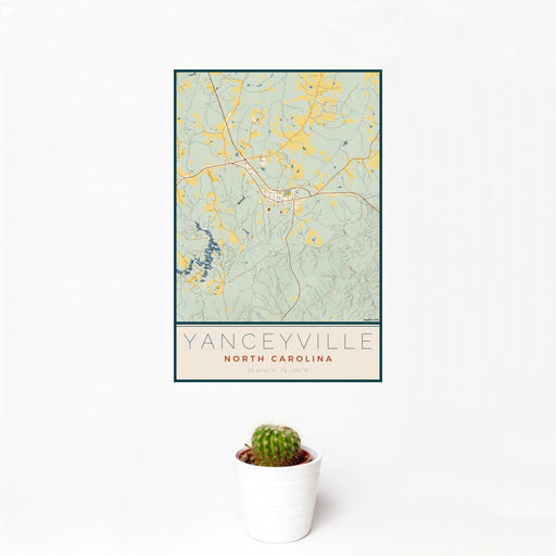 12x18 Yanceyville North Carolina Map Print Portrait Orientation in Woodblock Style With Small Cactus Plant in White Planter