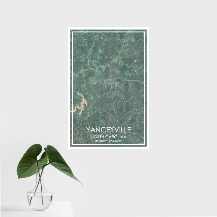 16x24 Yanceyville North Carolina Map Print Portrait Orientation in Afternoon Style With Tropical Plant Leaves in Water