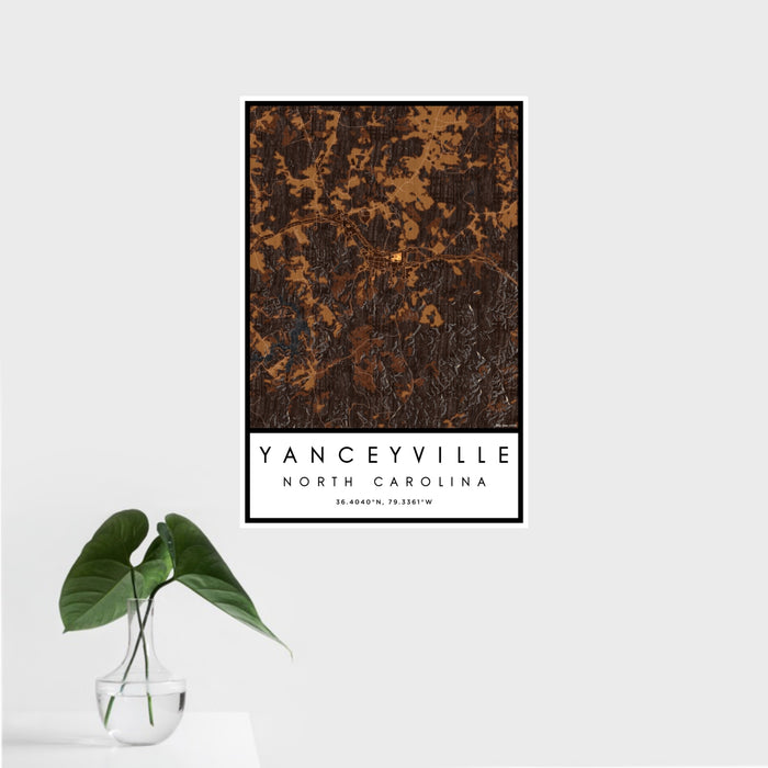 16x24 Yanceyville North Carolina Map Print Portrait Orientation in Ember Style With Tropical Plant Leaves in Water