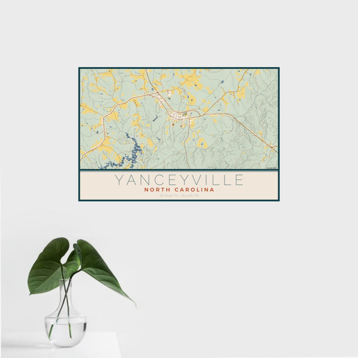 16x24 Yanceyville North Carolina Map Print Landscape Orientation in Woodblock Style With Tropical Plant Leaves in Water