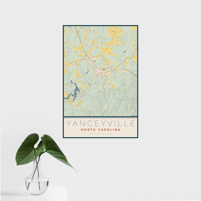 16x24 Yanceyville North Carolina Map Print Portrait Orientation in Woodblock Style With Tropical Plant Leaves in Water