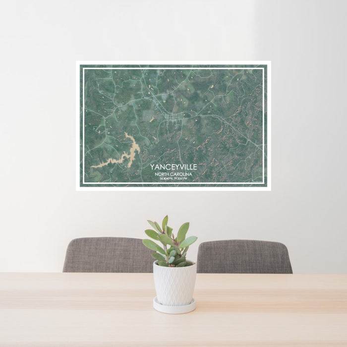 24x36 Yanceyville North Carolina Map Print Lanscape Orientation in Afternoon Style Behind 2 Chairs Table and Potted Plant