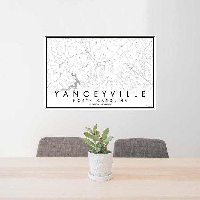 24x36 Yanceyville North Carolina Map Print Lanscape Orientation in Classic Style Behind 2 Chairs Table and Potted Plant