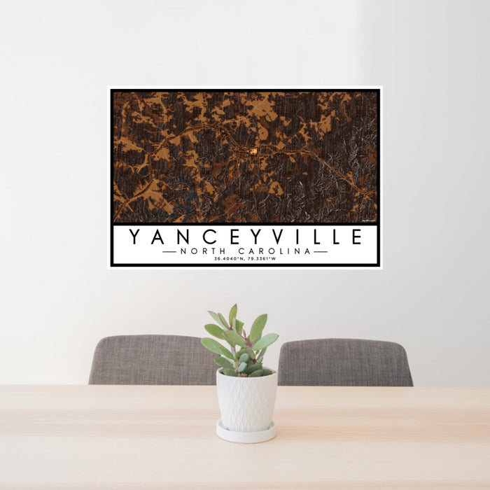 24x36 Yanceyville North Carolina Map Print Lanscape Orientation in Ember Style Behind 2 Chairs Table and Potted Plant