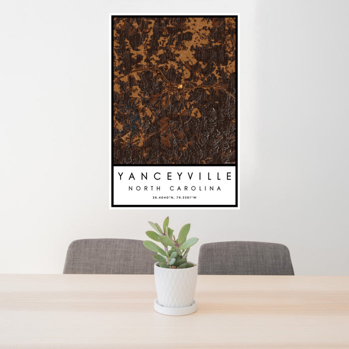 24x36 Yanceyville North Carolina Map Print Portrait Orientation in Ember Style Behind 2 Chairs Table and Potted Plant