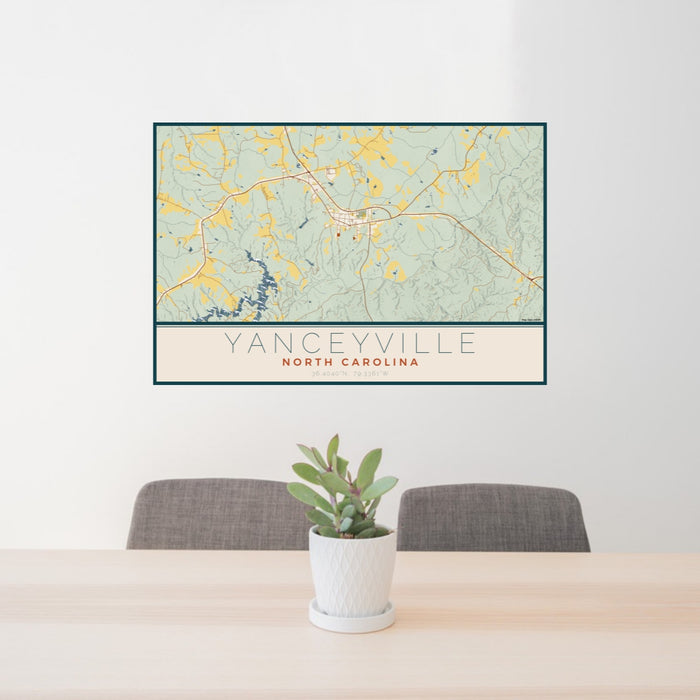 24x36 Yanceyville North Carolina Map Print Lanscape Orientation in Woodblock Style Behind 2 Chairs Table and Potted Plant