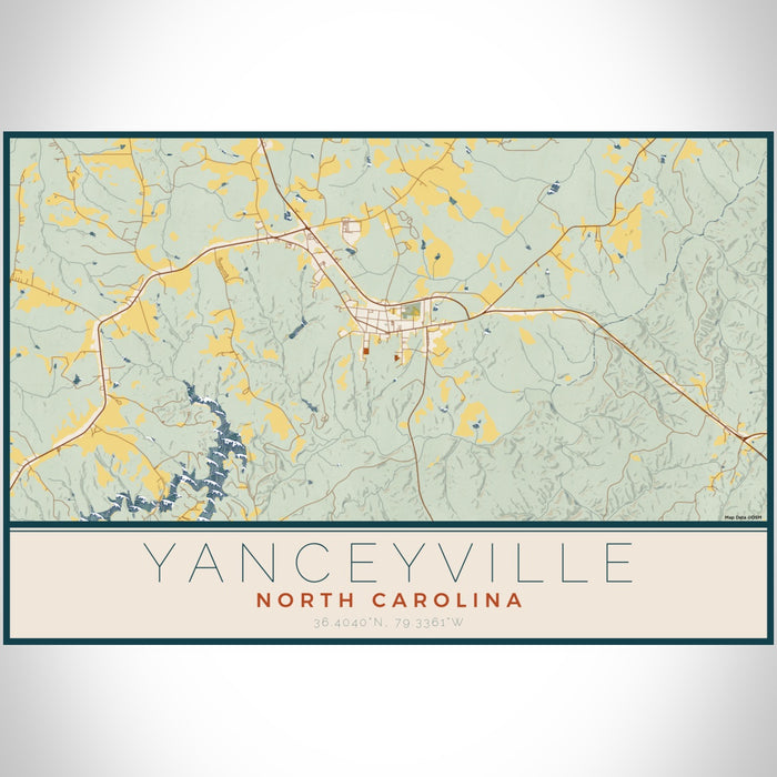 Yanceyville North Carolina Map Print Landscape Orientation in Woodblock Style With Shaded Background