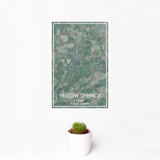 12x18 Yellow Springs Ohio Map Print Portrait Orientation in Afternoon Style With Small Cactus Plant in White Planter
