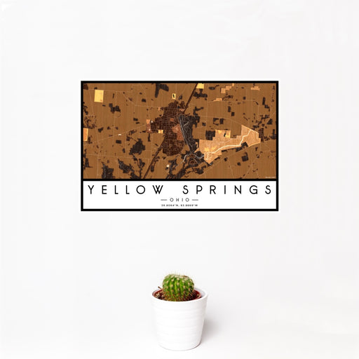 12x18 Yellow Springs Ohio Map Print Landscape Orientation in Ember Style With Small Cactus Plant in White Planter