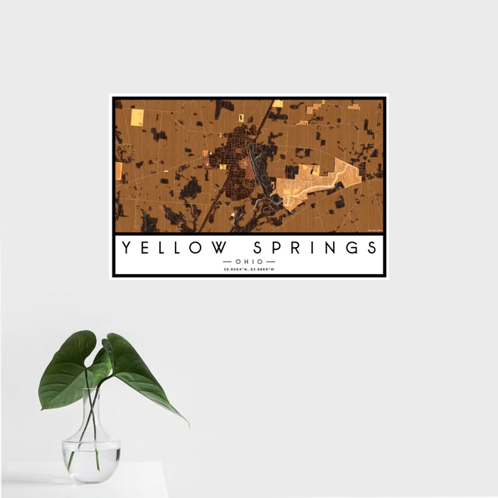 16x24 Yellow Springs Ohio Map Print Landscape Orientation in Ember Style With Tropical Plant Leaves in Water