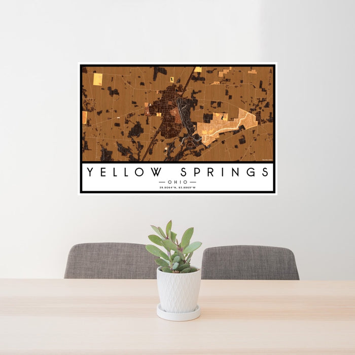 24x36 Yellow Springs Ohio Map Print Landscape Orientation in Ember Style Behind 2 Chairs Table and Potted Plant