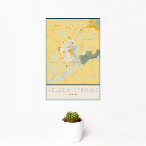 12x18 Yellow Springs Ohio Map Print Portrait Orientation in Woodblock Style With Small Cactus Plant in White Planter