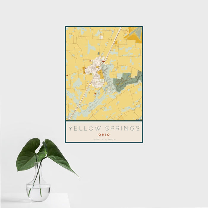 16x24 Yellow Springs Ohio Map Print Portrait Orientation in Woodblock Style With Tropical Plant Leaves in Water