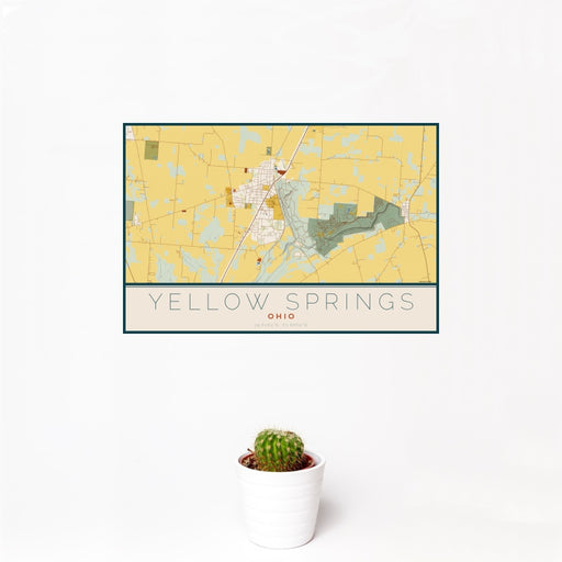 12x18 Yellow Springs Ohio Map Print Landscape Orientation in Woodblock Style With Small Cactus Plant in White Planter