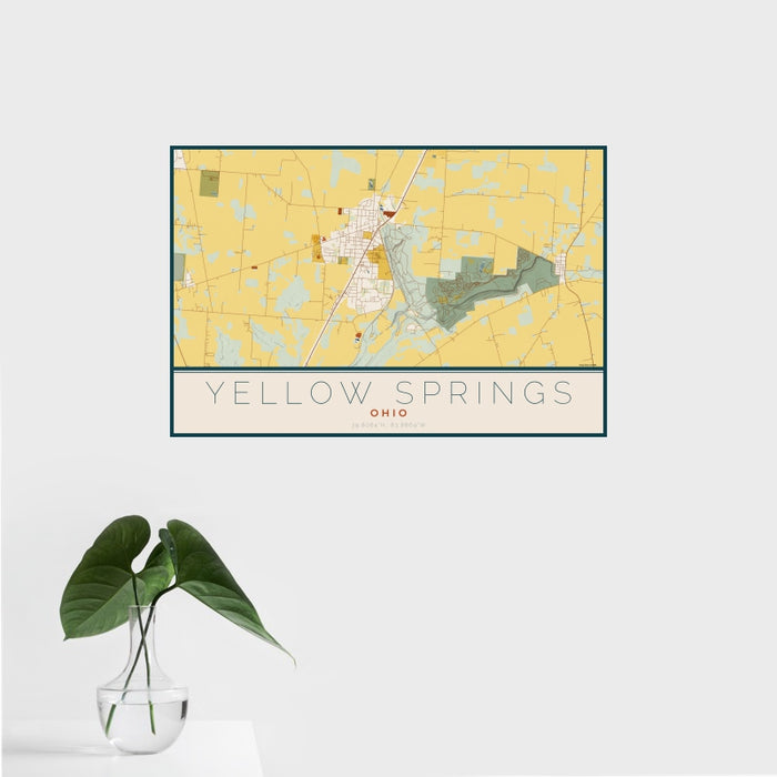 16x24 Yellow Springs Ohio Map Print Landscape Orientation in Woodblock Style With Tropical Plant Leaves in Water
