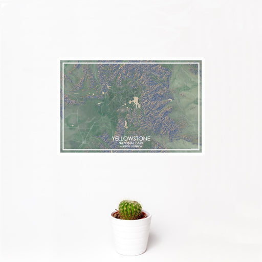 12x18 Yellowstone National Park Map Print Landscape Orientation in Afternoon Style With Small Cactus Plant in White Planter