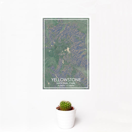 12x18 Yellowstone National Park Map Print Portrait Orientation in Afternoon Style With Small Cactus Plant in White Planter