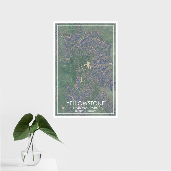 16x24 Yellowstone National Park Map Print Portrait Orientation in Afternoon Style With Tropical Plant Leaves in Water