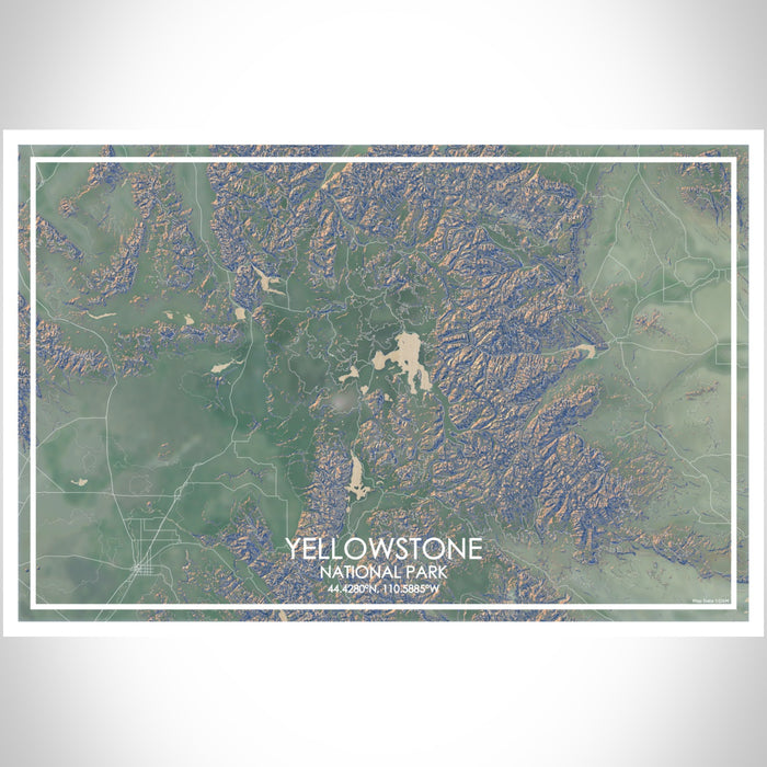 Yellowstone National Park Map Print Landscape Orientation in Afternoon Style With Shaded Background
