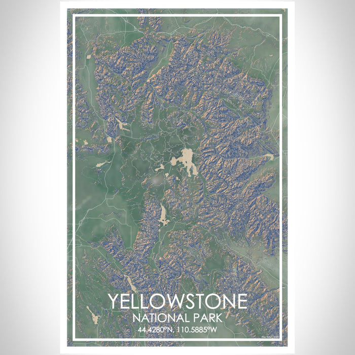Yellowstone National Park Map Print Portrait Orientation in Afternoon Style With Shaded Background