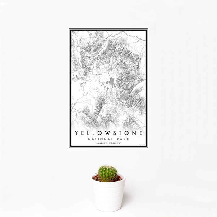 12x18 Yellowstone National Park Map Print Portrait Orientation in Classic Style With Small Cactus Plant in White Planter