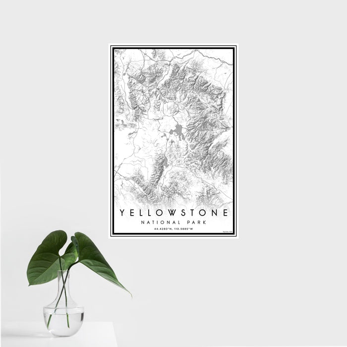 16x24 Yellowstone National Park Map Print Portrait Orientation in Classic Style With Tropical Plant Leaves in Water