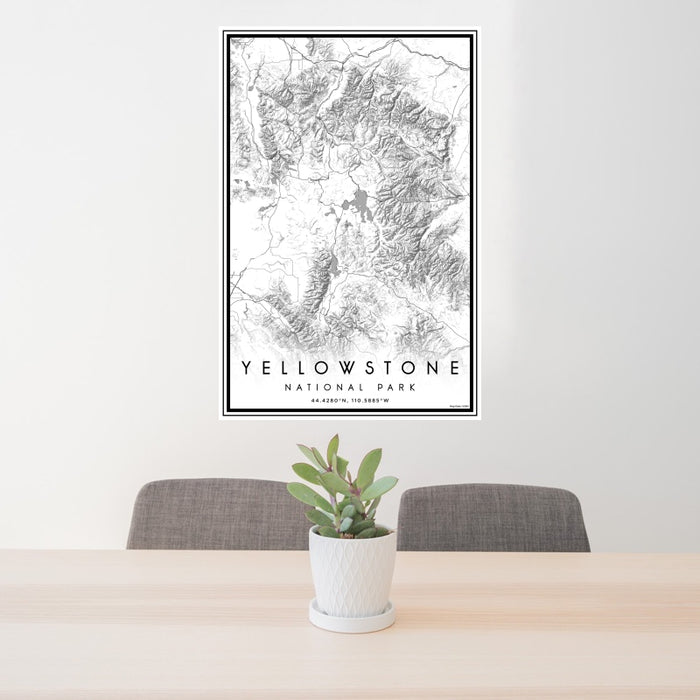 24x36 Yellowstone National Park Map Print Portrait Orientation in Classic Style Behind 2 Chairs Table and Potted Plant