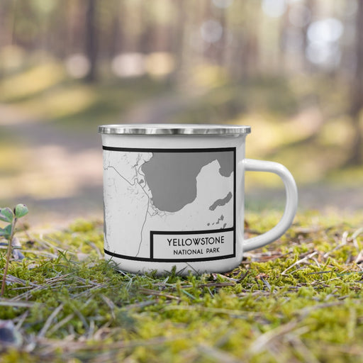 Right View Custom Yellowstone National Park Map Enamel Mug in Classic on Grass With Trees in Background