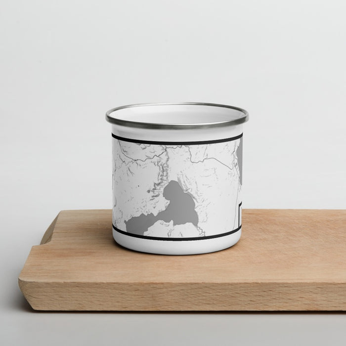 Front View Custom Yellowstone National Park Map Enamel Mug in Classic on Cutting Board
