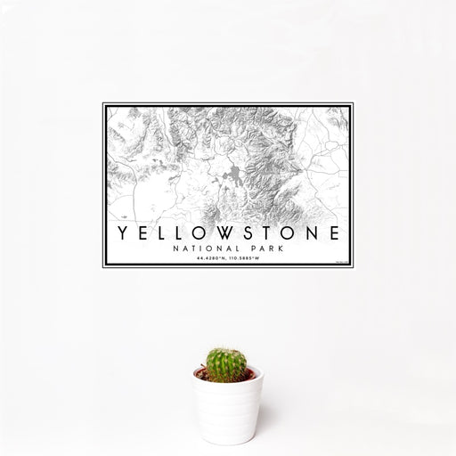 12x18 Yellowstone National Park Map Print Landscape Orientation in Classic Style With Small Cactus Plant in White Planter