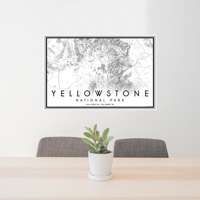 24x36 Yellowstone National Park Map Print Landscape Orientation in Classic Style Behind 2 Chairs Table and Potted Plant