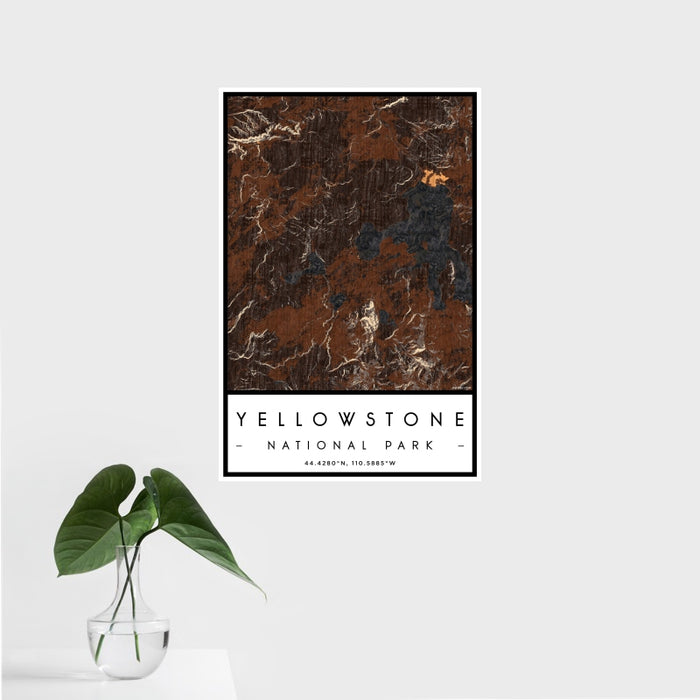 16x24 Yellowstone National Park Map Print Portrait Orientation in Ember Style With Tropical Plant Leaves in Water