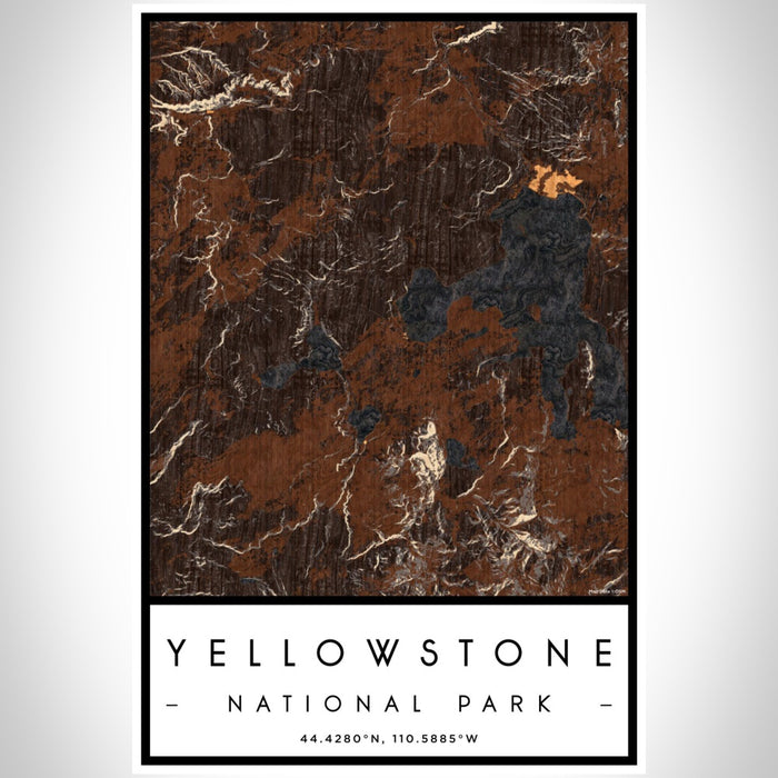 Yellowstone National Park Map Print Portrait Orientation in Ember Style With Shaded Background