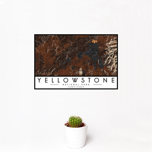 12x18 Yellowstone National Park Map Print Landscape Orientation in Ember Style With Small Cactus Plant in White Planter
