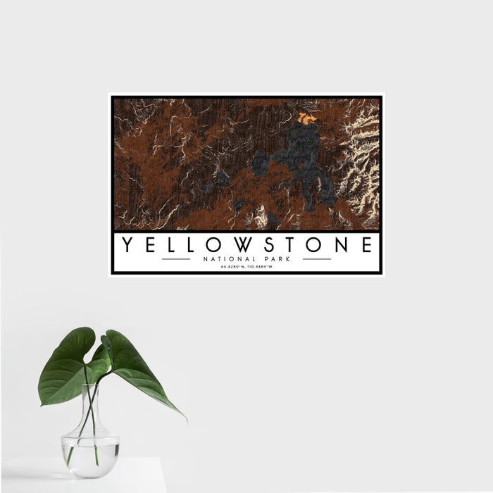 16x24 Yellowstone National Park Map Print Landscape Orientation in Ember Style With Tropical Plant Leaves in Water